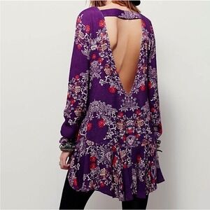 Free People Purple Floral Long Sleeve Mini Dress Deep V Back Boho Womens Small